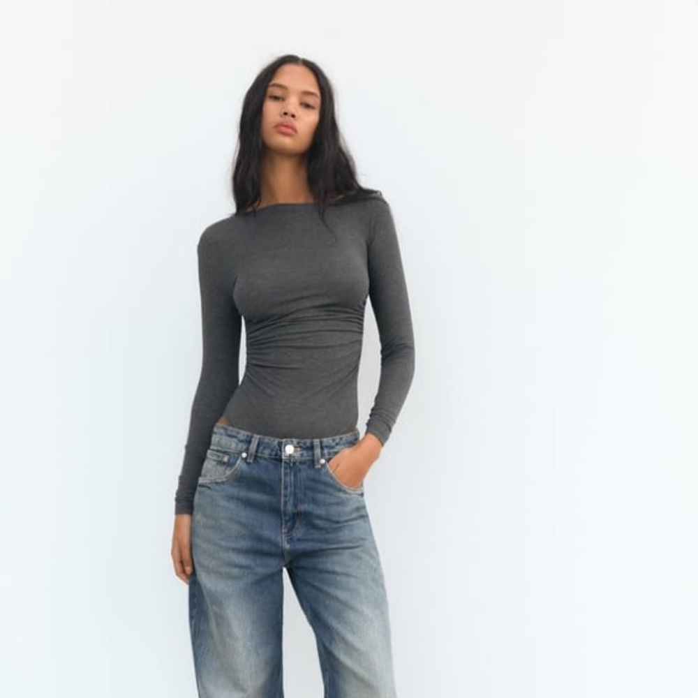 NEW Zara Ruched Asymmetric Bodysuit in Dark Anthracite Grey - Medium